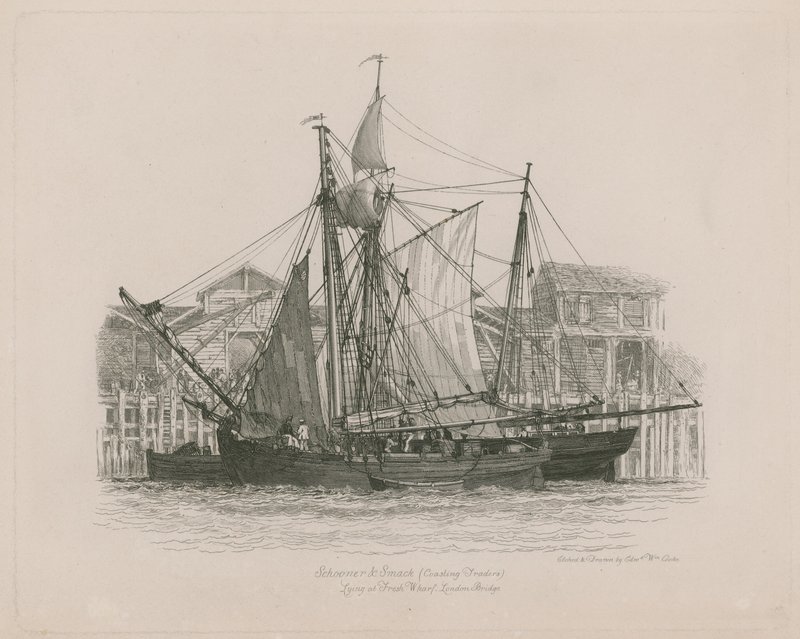 Goleta y Smack en Fresh Wharf de Edward William Cooke