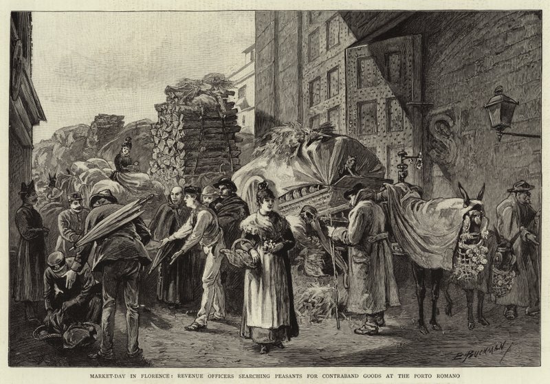 Día de mercado en Florencia, Oficiales de Rentas registrando a los campesinos en busca de bienes de contrabando en el Porto Romano de Edwin Buckman
