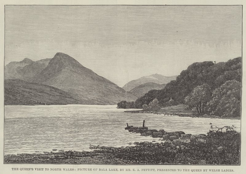 La visita de la Reina al norte de Gales, imagen del lago Bala, presentada a la Reina por damas galesas de Edwin Pettitt