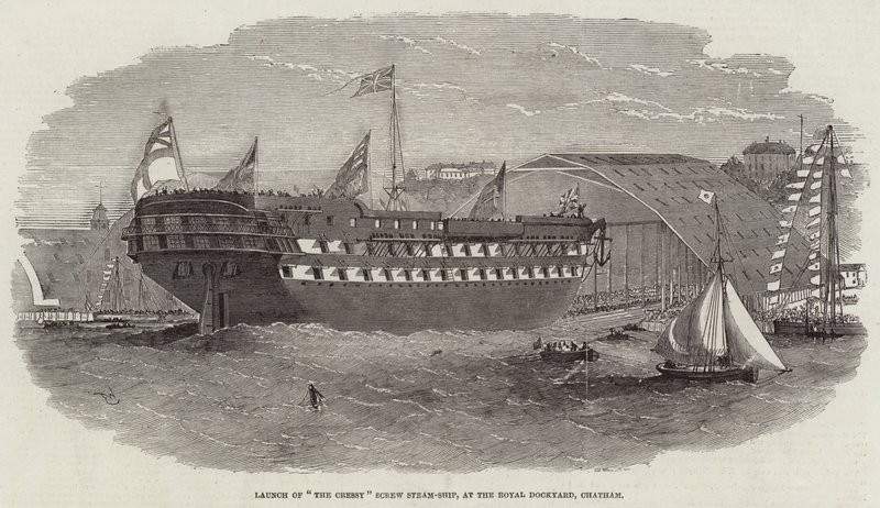Lanzamiento del barco de vapor Cressy Screw, en el astillero real de Chatham de Edwin Weedon