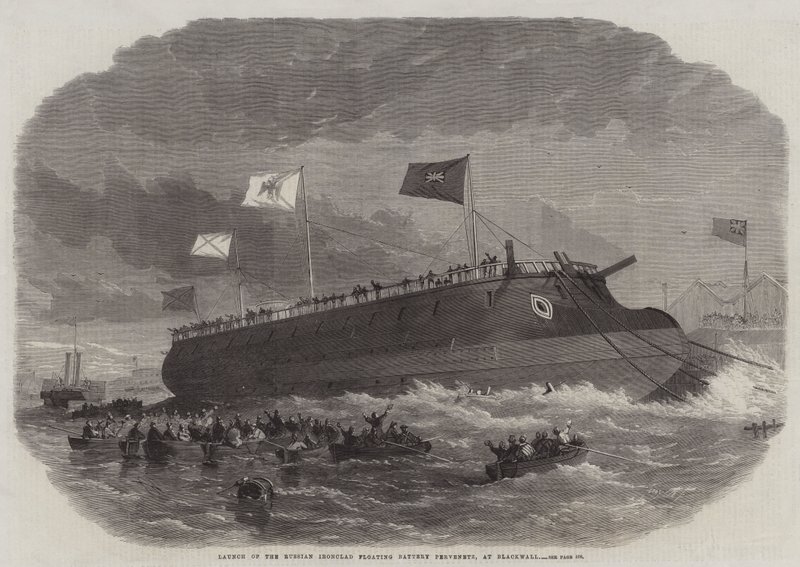 Lanzamiento de la batería flotante acorazada rusa Pervenetz en Blackwall de Edwin Weedon