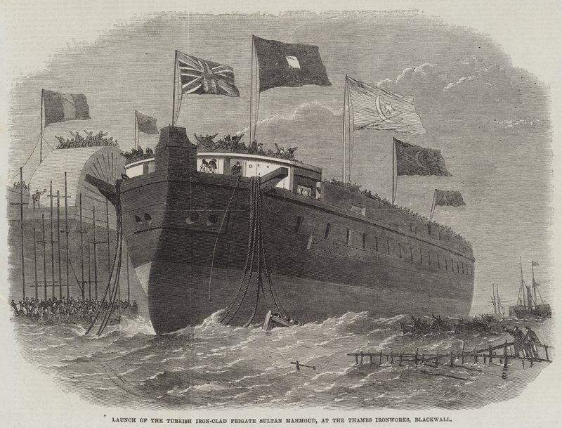 Lanzamiento de la fragata blindada turca Sultan Mahmoud, en los astilleros de Thames, Blackwall de Edwin Weedon