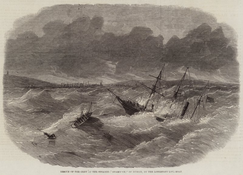 Rescate de la tripulación del vapor Shamrock, de Dublín, por el bote salvavidas de Lowestoft de Edwin Weedon