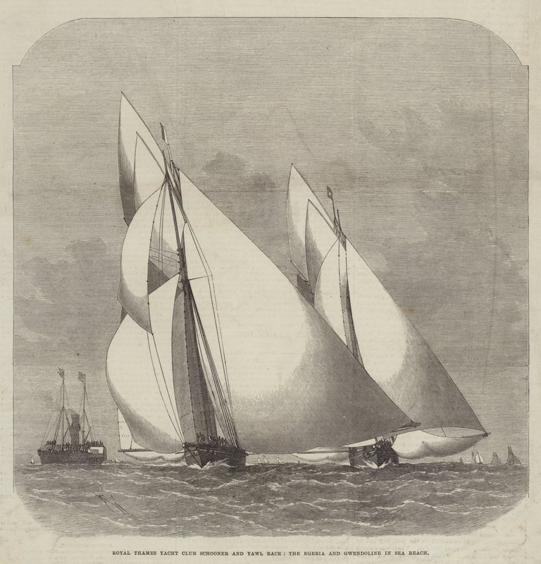 Carrera de goletas y yawls del Royal Thames Yacht Club, el Egeria y Gwendoline en Sea Reach de Edwin Weedon