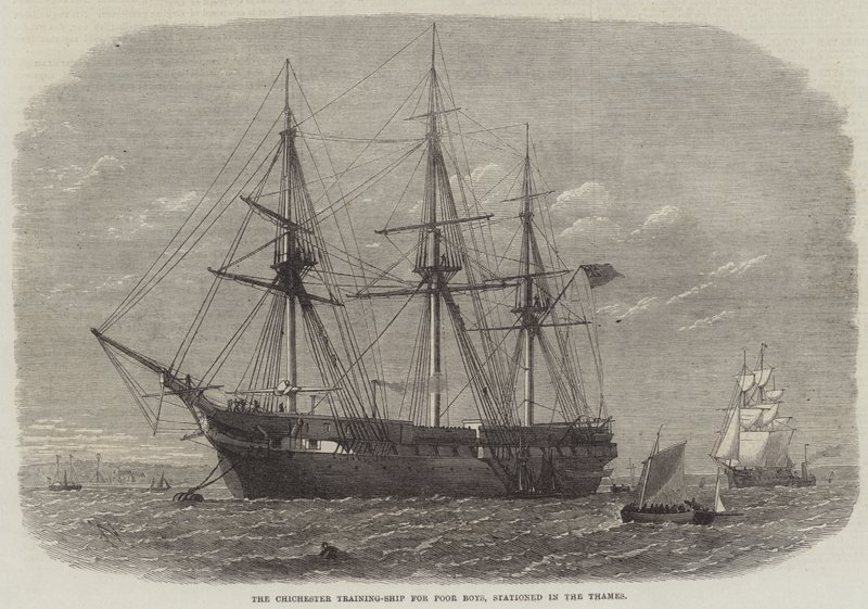 El barco escuela Chichester para niños pobres, estacionado en el Támesis de Edwin Weedon