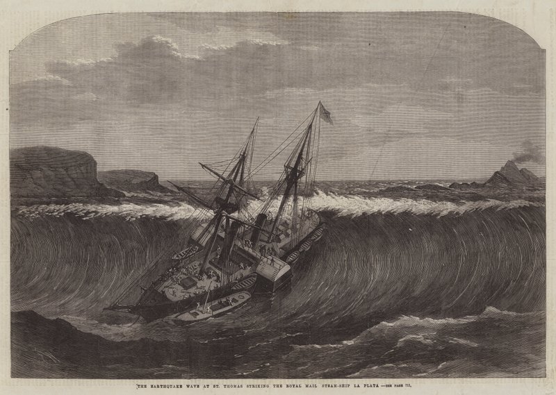 La ola del terremoto en St Thomas golpeando el Royal Mail Steam-Ship La Plata de Edwin Weedon