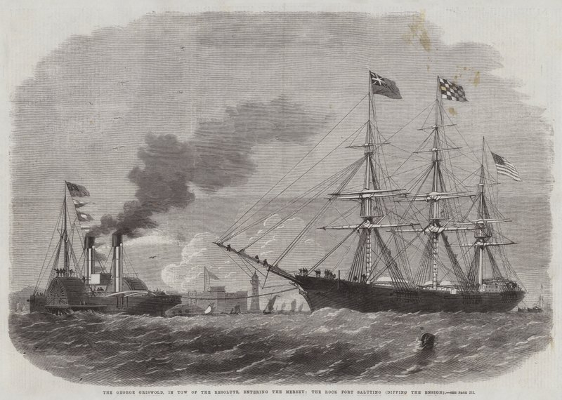 El George Griswold, remolcado por el Resolute, entrando en el Mersey, el Fuerte de la Roca saludando, bajando la enseña de Edwin Weedon