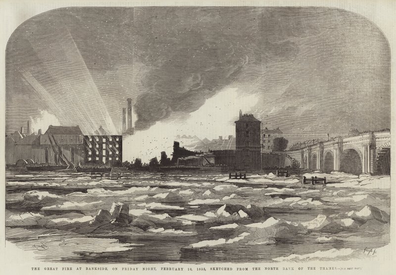 El gran incendio en Bankside, la noche del viernes 16 de febrero de 1855, esbozado desde la orilla norte del Támesis de Edwin Weedon