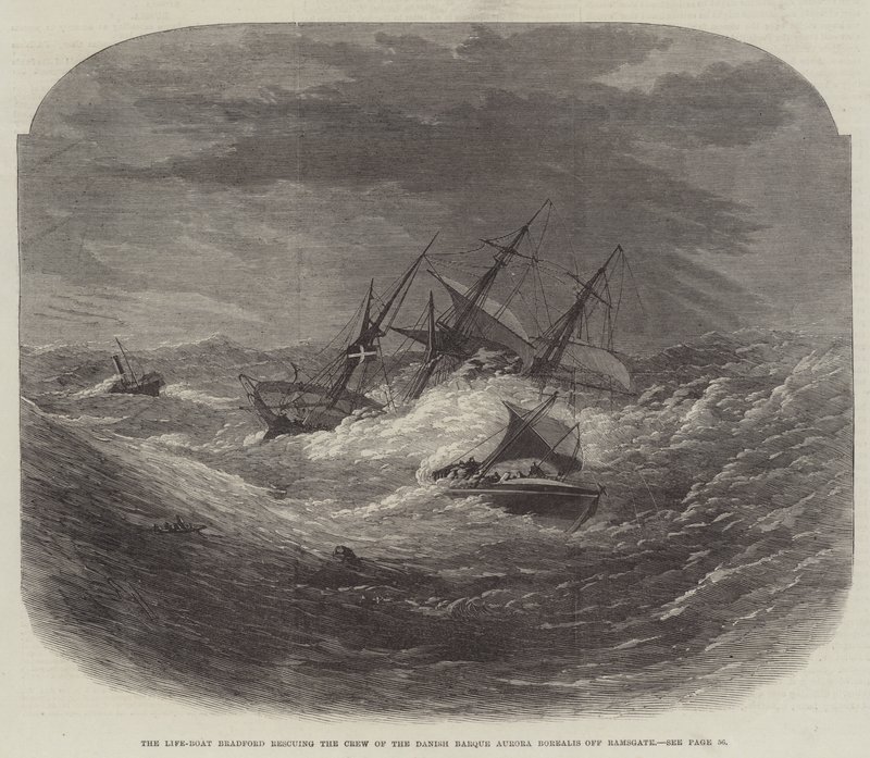 El bote salvavidas Bradford rescatando a la tripulación del bergantín danés Aurora Borealis frente a Ramsgate de Edwin Weedon
