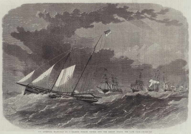 El Barco Piloto de Liverpool No 8, liderando Doce Barcos hacia el Mersey durante la Última Tormenta de Edwin Weedon