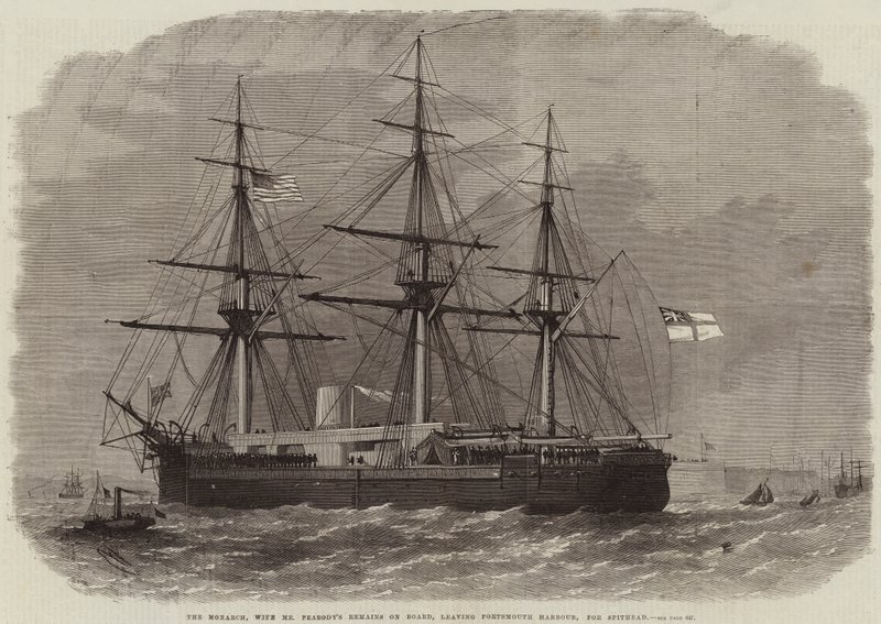 El Monarca, con los restos del Sr. Peabody a bordo, saliendo del puerto de Portsmouth, hacia Spithead de Edwin Weedon