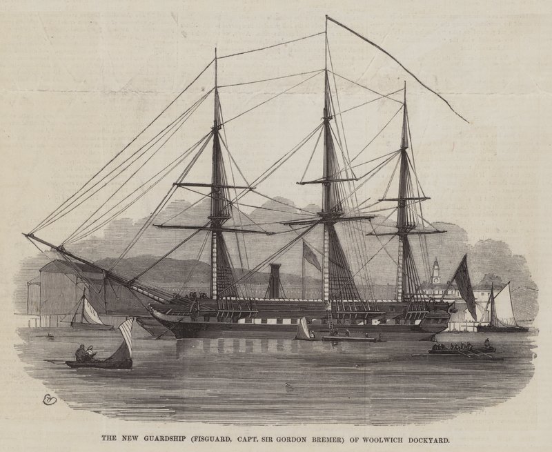 El nuevo guardacostas (Fisguard, Capitán Sir Gordon Bremer) del astillero de Woolwich de Edwin Weedon