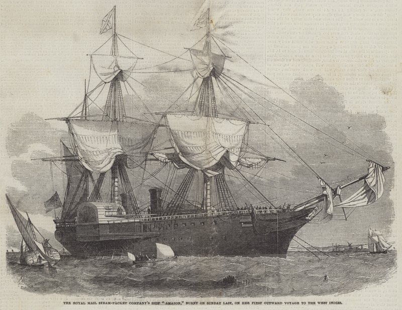 El Barco Amazon de la Compañía Real de Paquebotes de Correo, quemado el domingo pasado, en su Primer Viaje hacia las Indias Occidentales de Edwin Weedon