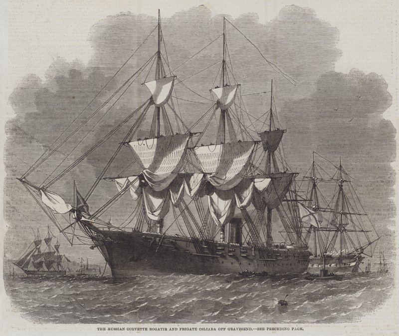 La corbeta rusa Bogatir y la fragata Osliaba frente a Gravesend de Edwin Weedon