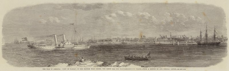 La guerra en América, vista de Nassau, en las Indias Occidentales Británicas, el depósito para el comercio de corredores de bloqueo de Edwin Weedon