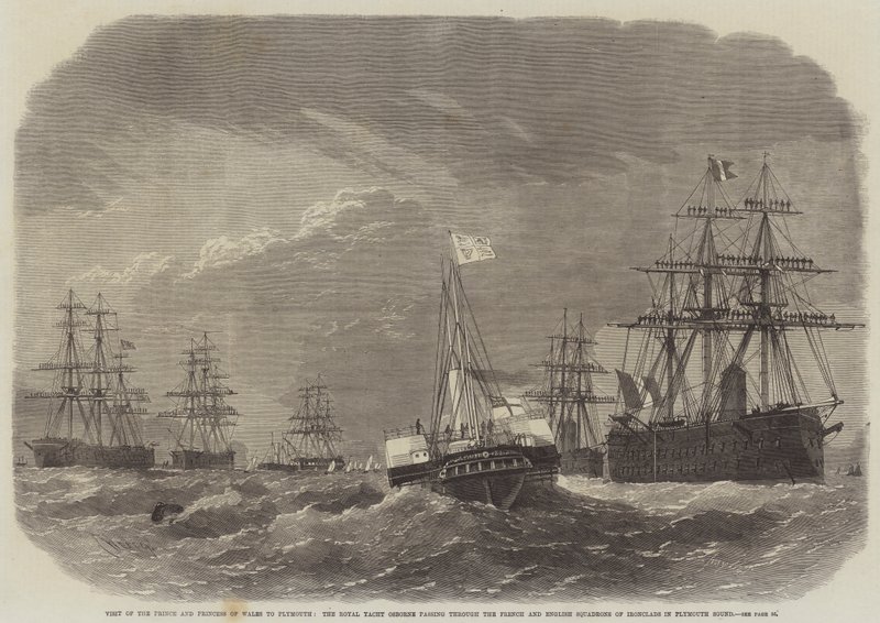 Visita del Príncipe y la Princesa de Gales a Plymouth, el yate real Osborne pasando entre los escuadrones de acorazados franceses e ingleses en Plymouth Sound de Edwin Weedon