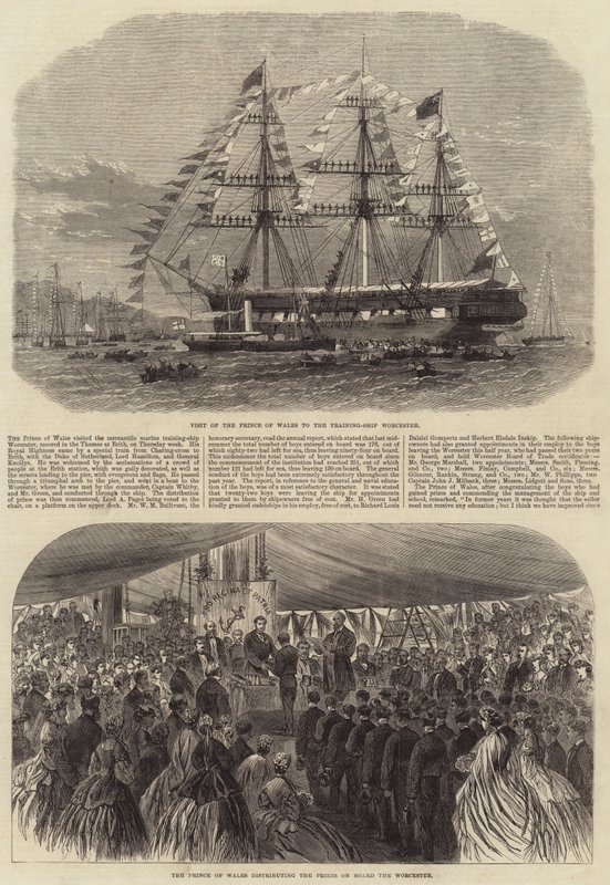Visita del Príncipe y la Princesa de Gales al barco escuela Worcester de Edwin Weedon