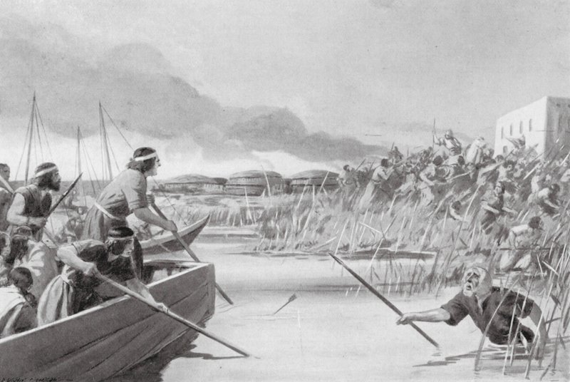 Conquista de las tierras marítimas por los casitas (litografía) de Edwin A. Morrow