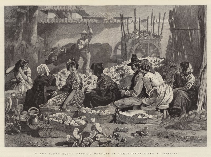 En el sur soleado, empaquetando naranjas en el mercado de Sevilla de Edwin Buckman
