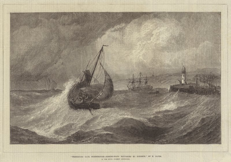 Viento fresco, Scarborough, barcos de pesca regresando al puerto, en la exposición de la Real Academia de Edwin Hayes