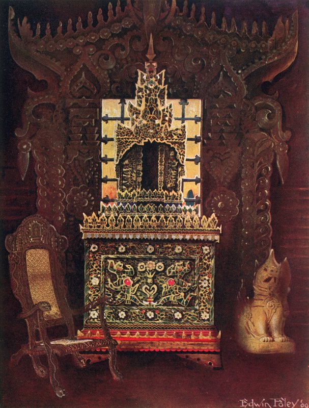 Muebles asiáticos de la colección de Lord Curzon de Kedleston, G.C.S.I., D.C.L., etc. Puerta tallada y dorada birmana de Mandalay. Caja de manuscritos budista (Poongyi) y santuario (Sadaik) de madera de Edwin John Foley