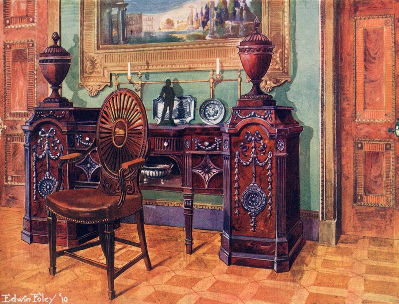 Pedestal de caoba tallada. Silla de maestro con respaldo ovalado en forma de rueda de Edwin John Foley