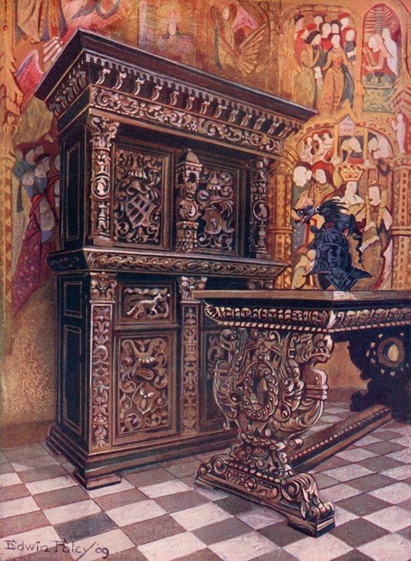 Armario de roble tallado, con el cifrado de Lambert Suavius de Lieja. Mesa de roble tallado de Edwin John Foley