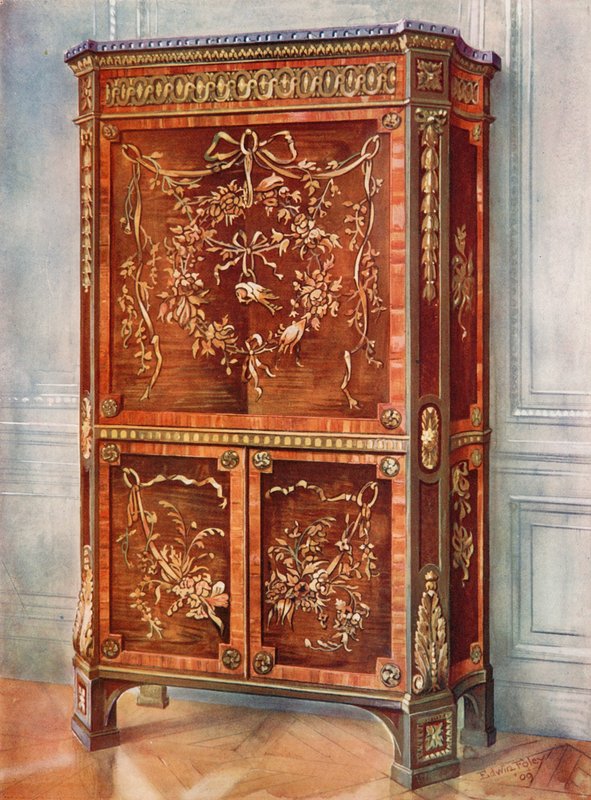 Secreter vertical con incrustaciones de Ormolu de sicomoro, tulipán, palo de rosa, acebo y otras maderas, naturales y teñidas de Edwin John Foley