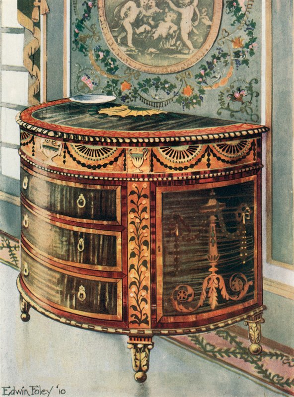 Cómoda de madera satinada incrustada con monturas de bronce dorado de Edwin John Foley