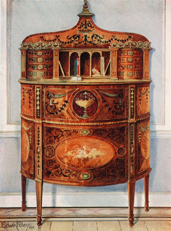 Escritorio de madera de satén incrustado y pintado, montado en Ormolu de Edwin John Foley