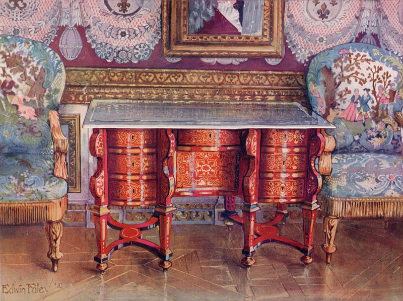 Mesa de escritura con hueco para las rodillas en carey rojo y laca con tapa de acero. Boulle. Sillones dorados, tapizados en tapicería de Edwin John Foley