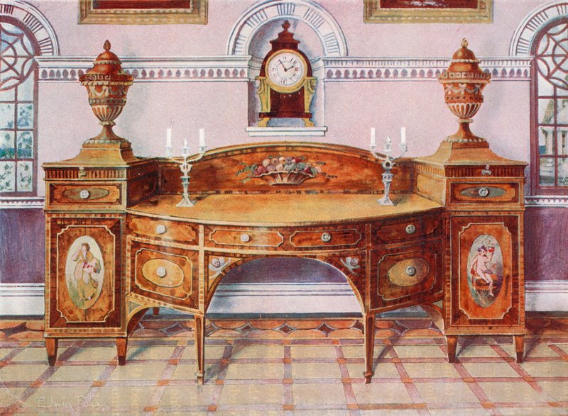 Aparador de madera satinada pintado e incrustado. Reloj de soporte de caoba de Edwin John Foley