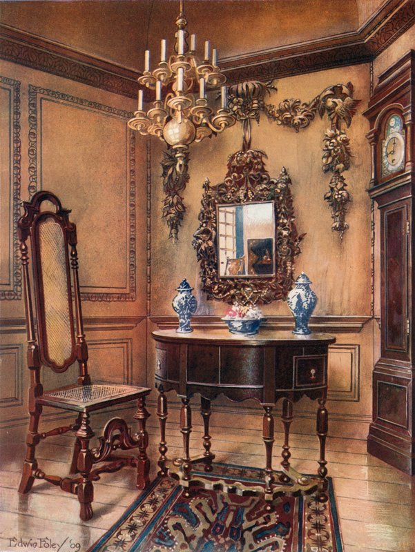 Paneles, con tallas de Grinling Gibbon. Marco de espejo, mesa de nogal, William y Mary. Silla de nogal, reloj alto de nogal de Charles Wesley de Edwin John Foley