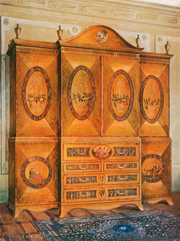 Armario de madera de satén, incrustado con madera de tulipán, harewood, acebo, ébano, caoba y otras maderas de Edwin John Foley