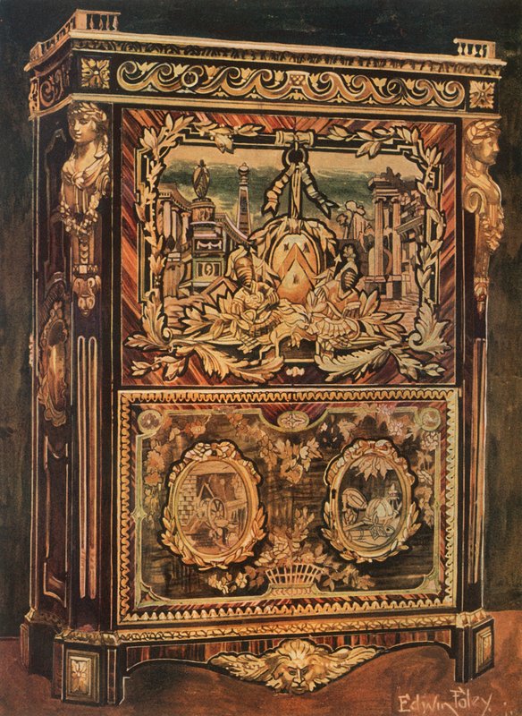 Secretaire vertical incrustado en varias maderas, con monturas de bronce fundido, cincelado y dorado de Edwin John Foley