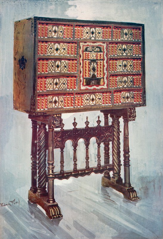 Gabinete Vargueno de castaño, marfil, etc., pintado y dorado con monturas de hierro forjado y acero: sobre soporte retorcido, torneado y tallado de Edwin John Foley