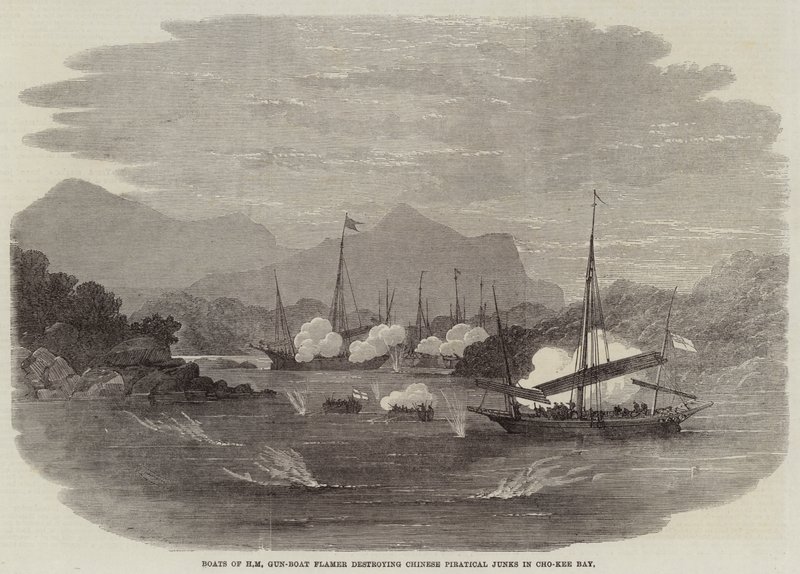 Botes del cañonero HM Flamer destruyendo juncos piratas chinos en la bahía de Cho-Kee de Edwin Weedon