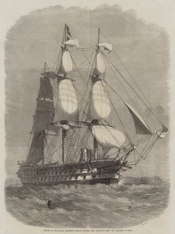 Crucero de Su Alteza Real el Príncipe Alfredo, el barco de Su Majestad St George, 90 cañones de Edwin Weedon