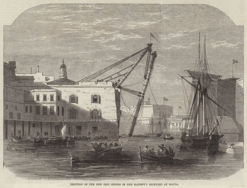 Erección de las nuevas tijeras de hierro en el astillero de Su Majestad en Malta de Edwin Weedon