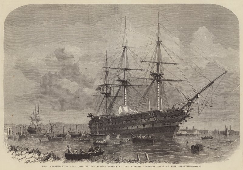 HMS Agamemnon, 91 cañones, embarcando la porción inglesa del cable submarino atlántico en East Greenwich de Edwin Weedon
