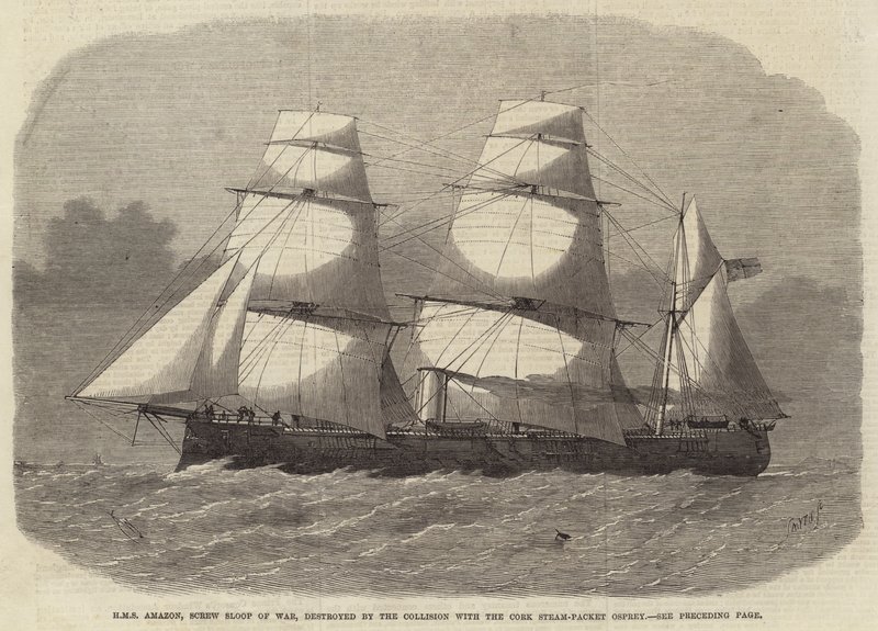 HMS Amazon, balandro de guerra a vapor, destruido por la colisión con el vapor de Cork Osprey de Edwin Weedon