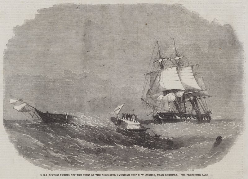HMS Diadem rescatando a la Tripulación del Barco Americano Desarbolado C W Connor, cerca de Bermudas de Edwin Weedon