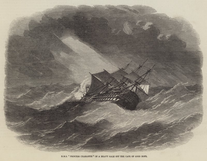 HMS Princess Charlotte en una fuerte tormenta frente al Cabo de Buena Esperanza de Edwin Weedon