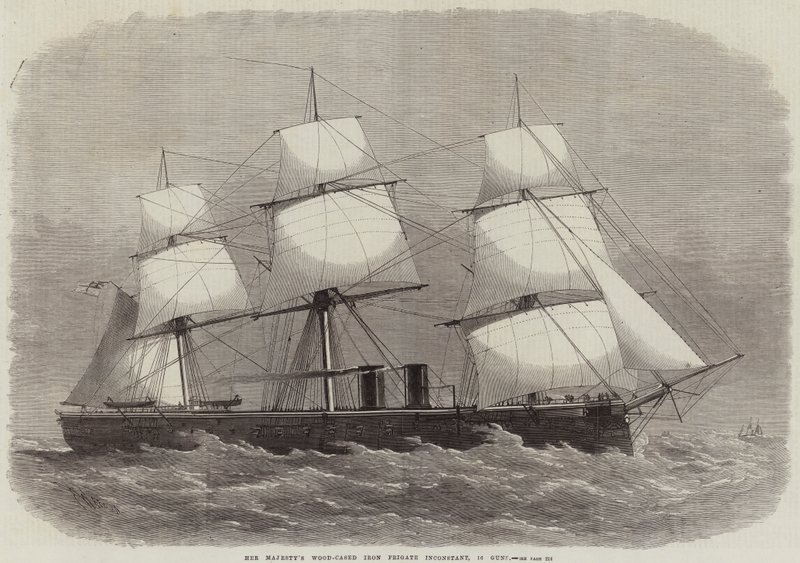 La fragata de hierro con carcasa de madera de Su Majestad Inconstant, 16 cañones de Edwin Weedon