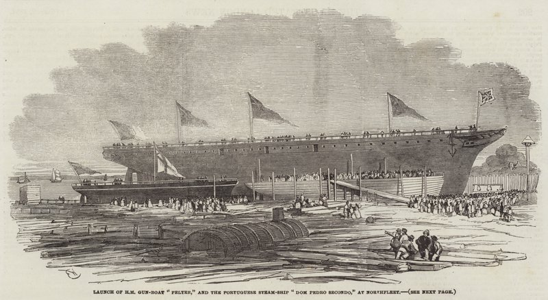 Lanzamiento del cañonero HM Pelter y el barco de vapor portugués Dom Pedro Segundo, en Northfleet de Edwin Weedon
