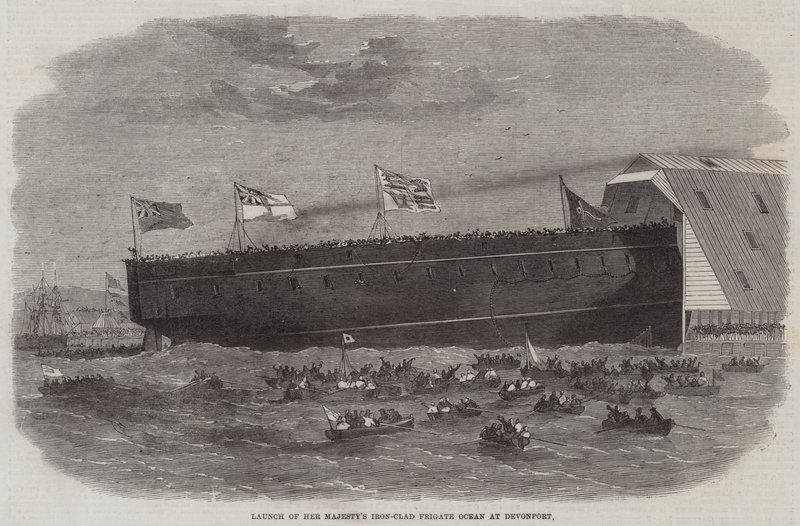 Lanzamiento de la fragata acorazada de Su Majestad Ocean en Devonport de Edwin Weedon