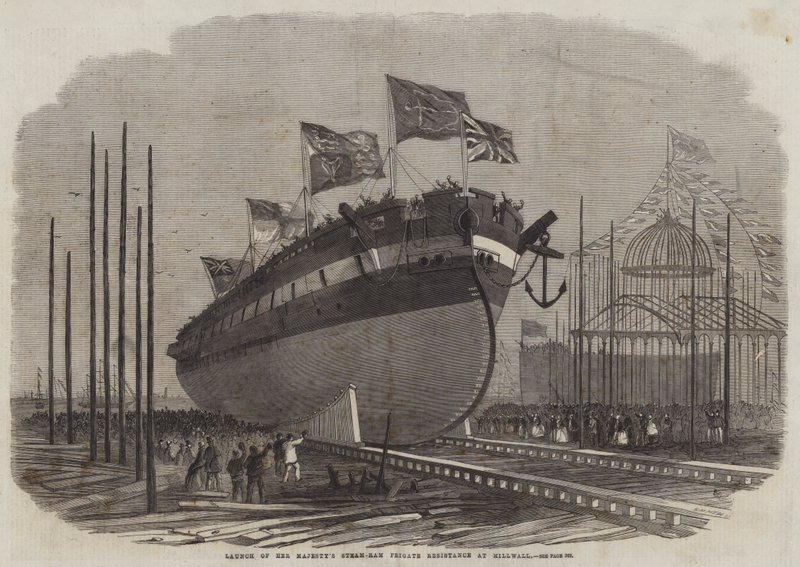 Lanzamiento de la fragata de ariete de vapor de Su Majestad Resistance en Millwall de Edwin Weedon