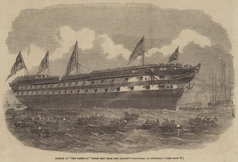 Lanzamiento del barco de vapor Hannibal desde el astillero de Su Majestad, en Deptford de Edwin Weedon