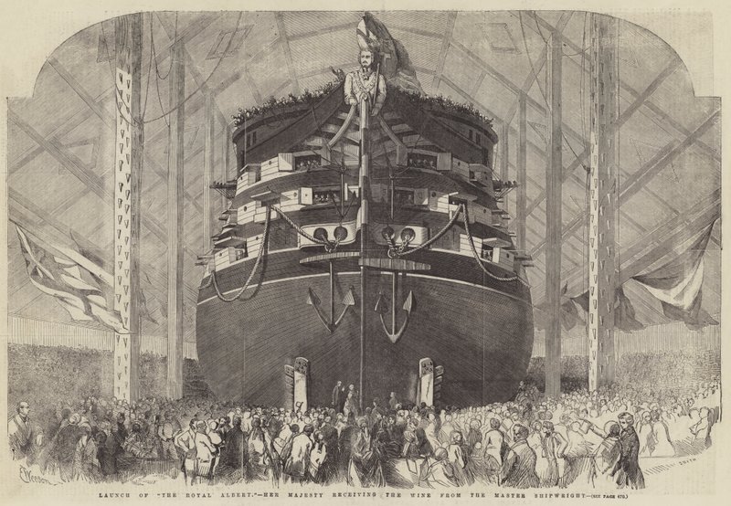 Lanzamiento del Royal Albert, Su Majestad recibiendo el vino del maestro carpintero naval de Edwin Weedon