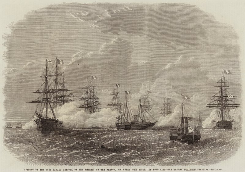 Apertura del Canal de Suez, Llegada de la Emperatriz de Francia, a Bordo del Aigle, en Port Said, la Escuadra Británica saludando de Edwin Weedon